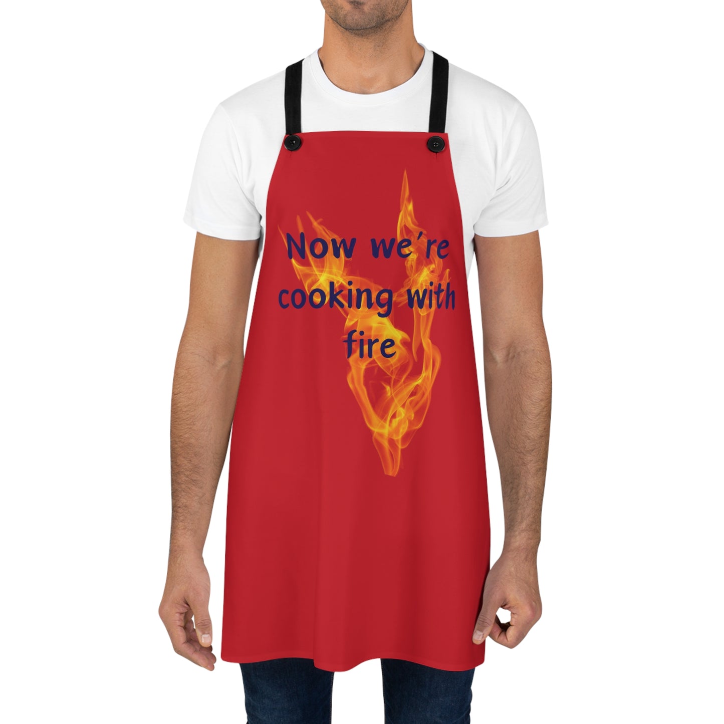 "Now We're Cooking With Fire" (blue on dark red) Apron CF13bdr