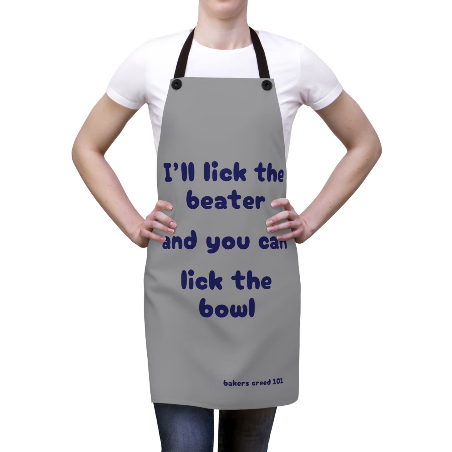 "I'll lick the beater and you can lick the bowl" (blue on gray) Apron BB110blg