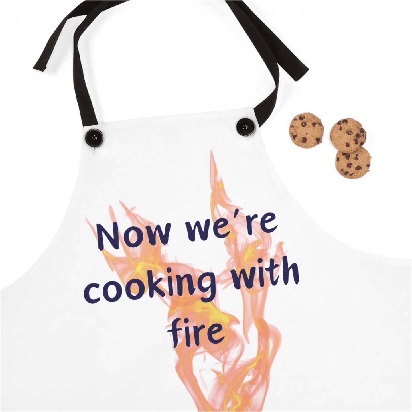 "Now We're Cooking With Fire" (blue on white) Apron CF13bw