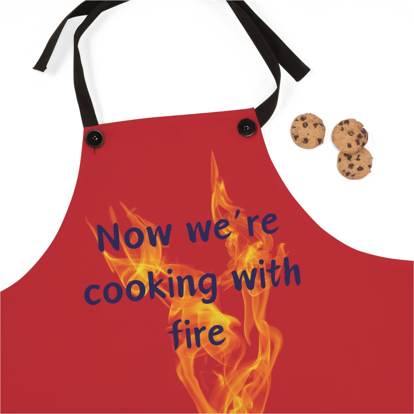 "Now We're Cooking With Fire" (blue on dark red) Apron CF13bdr