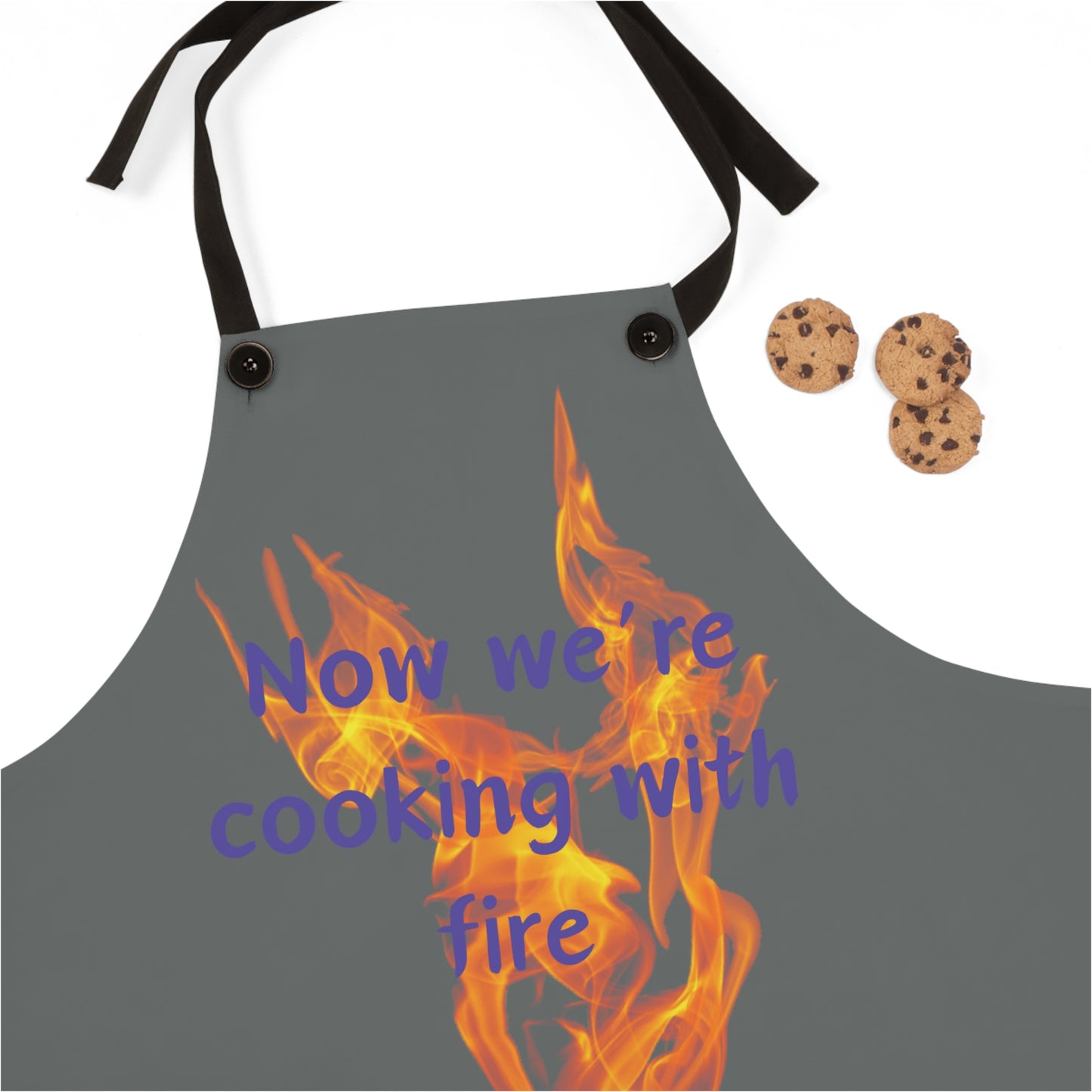 "Now We're Cooking With Fire" (purple on dark gray) Apron CF29ppdg