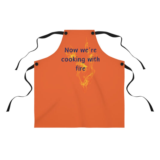 "Now We're Cooking With Fire" (blue on orange) Apron CF13bo