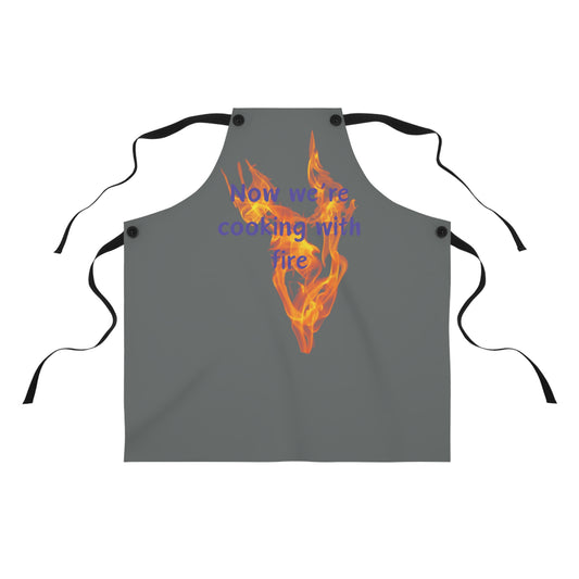 "Now We're Cooking With Fire" (purple on dark gray) Apron CF29ppdg