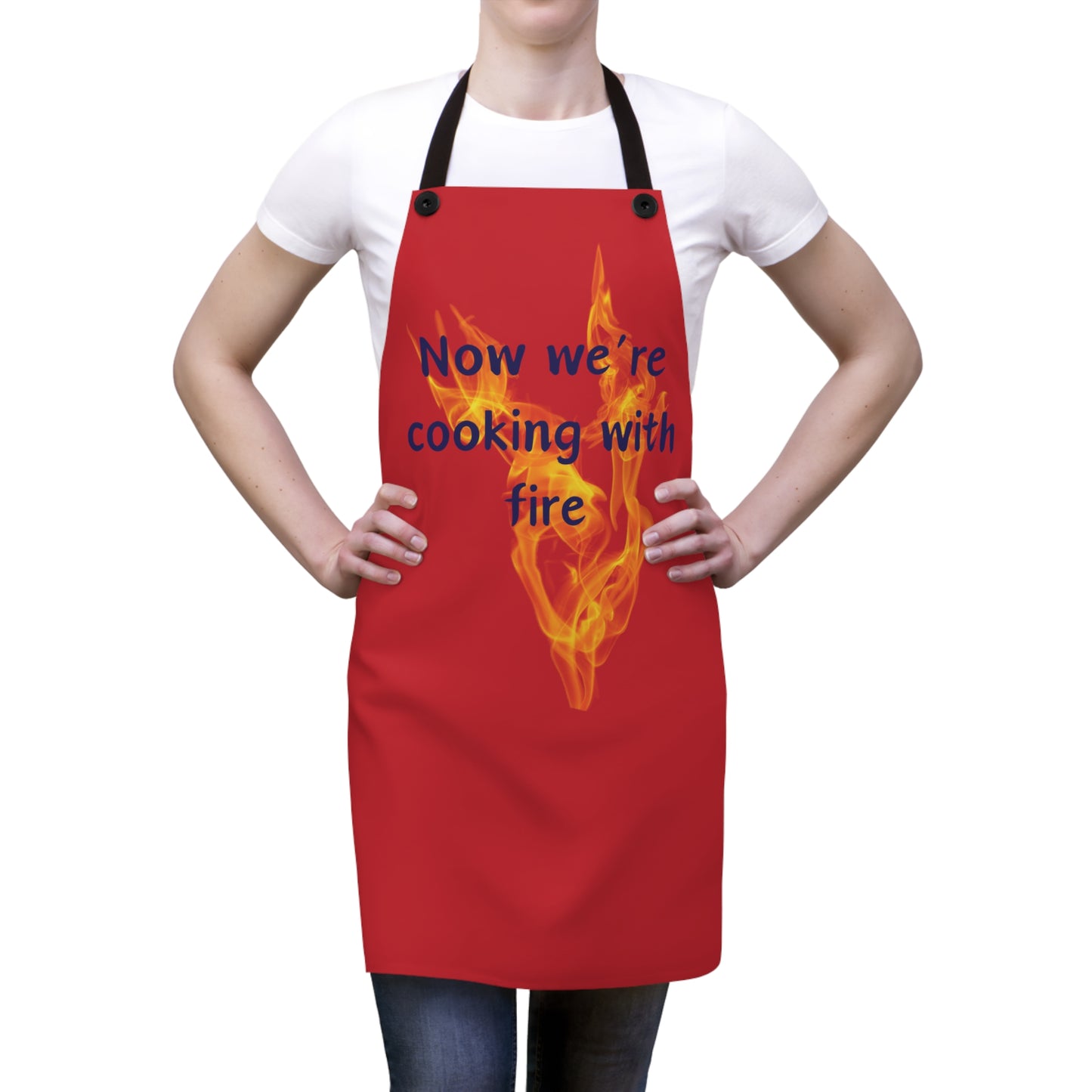 "Now We're Cooking With Fire" (blue on dark red) Apron CF13bdr