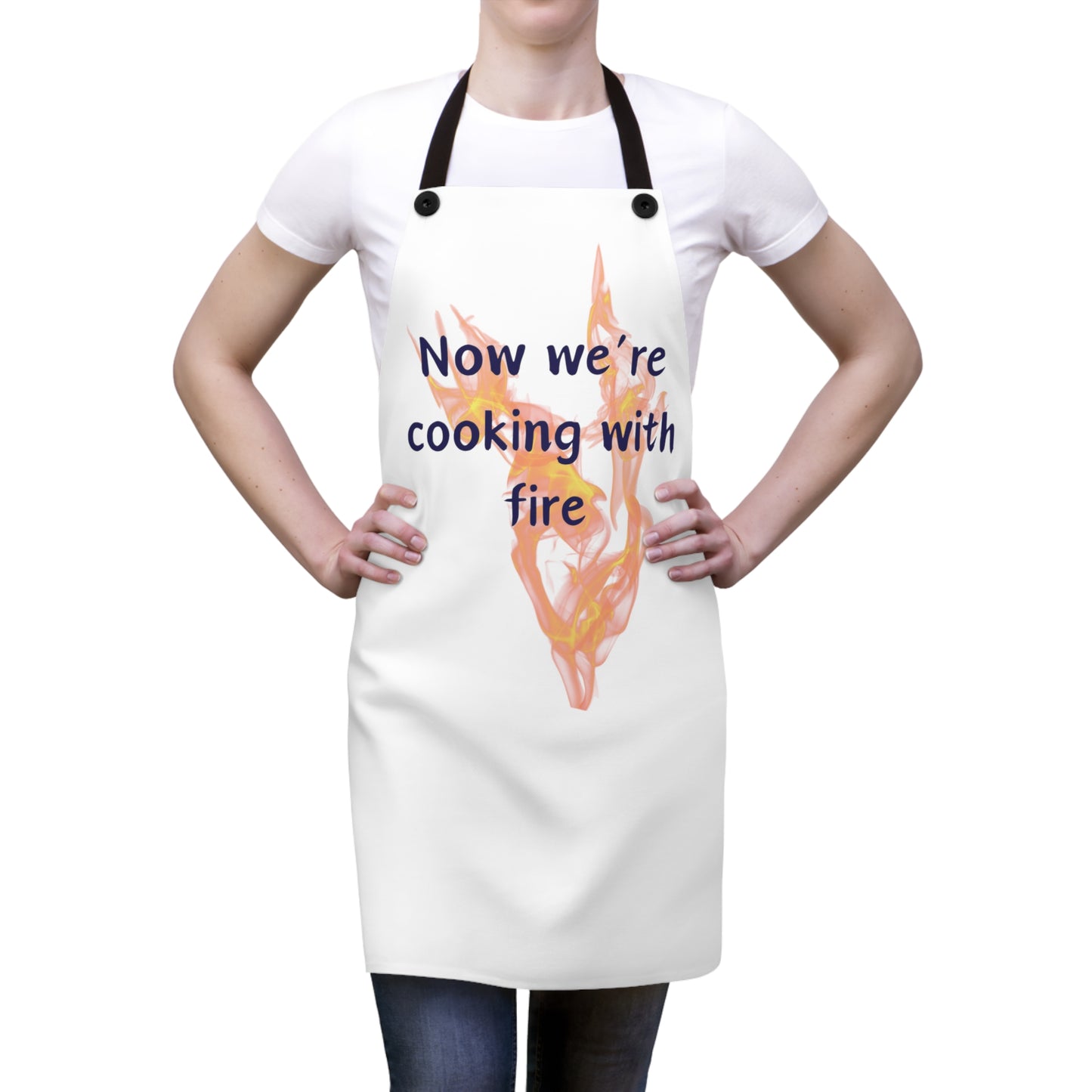 "Now We're Cooking With Fire" (blue on white) Apron CF13bw