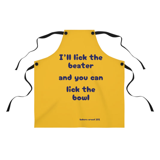 "I'll lick the beater and you can lick the bowl" (blue on yellow) Apron BB110bly