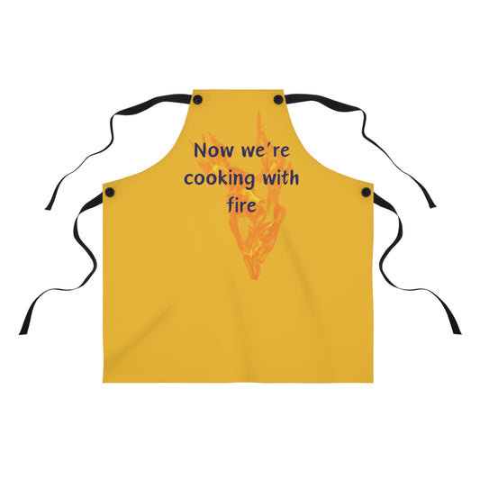 "Now We're Cooking With Fire" (blue on yellow) Apron CF13by