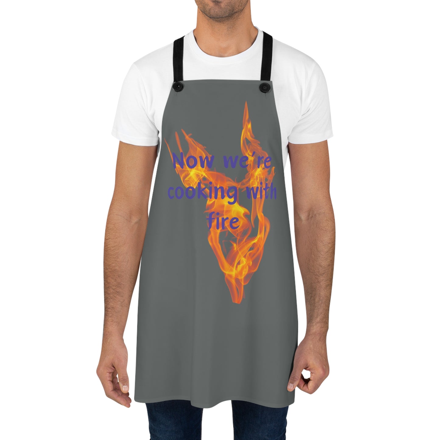 "Now We're Cooking With Fire" (purple on dark gray) Apron CF29ppdg