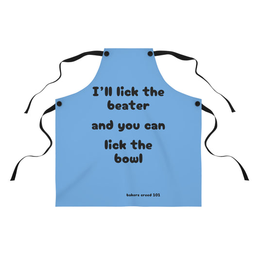 "I'll lick the beater and you can lick the bowl" (black on light blue) Apron BB100blb