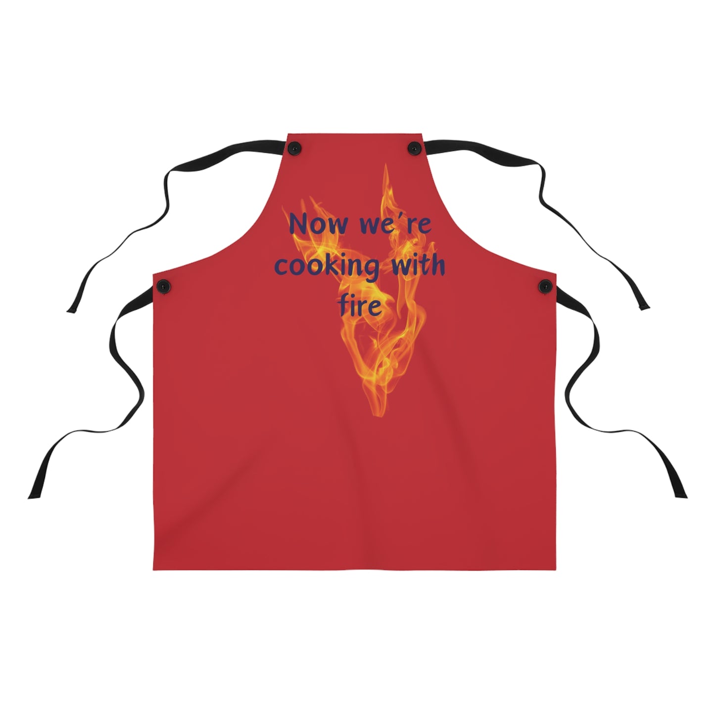 "Now We're Cooking With Fire" (blue on dark red) Apron CF13bdr