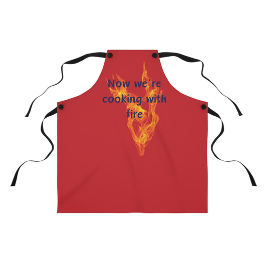 "Now We're Cooking With Fire" (blue on dark red) Apron CF13bdr