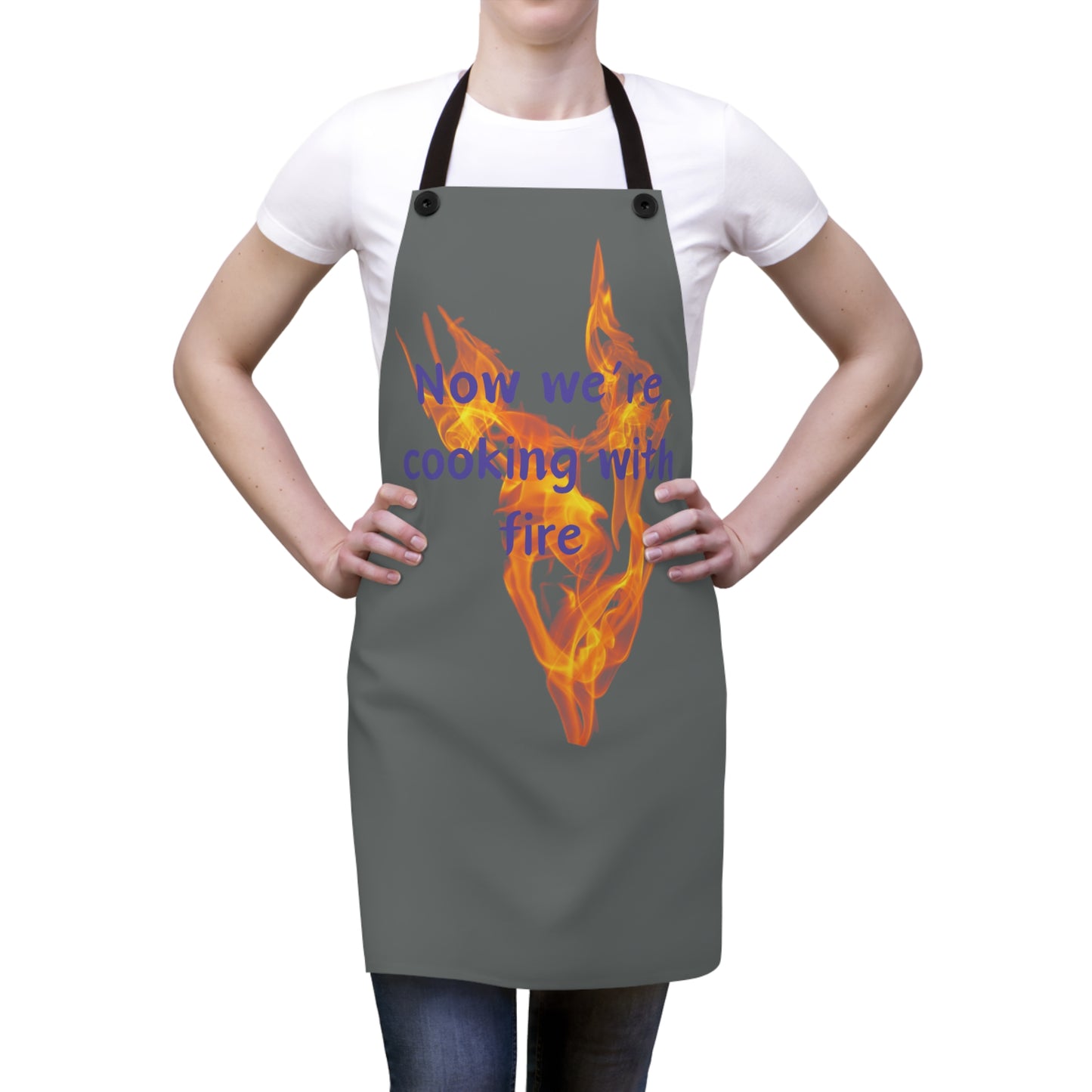 "Now We're Cooking With Fire" (purple on dark gray) Apron CF29ppdg